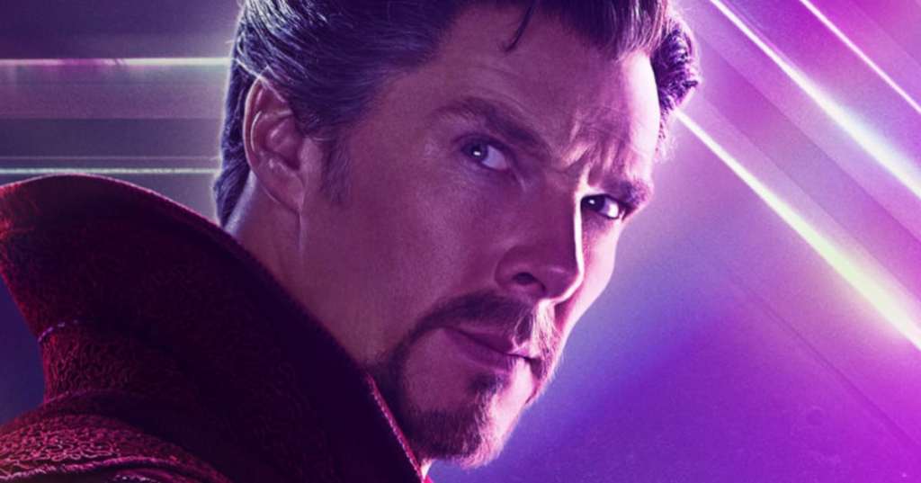 Image: a side-angle shot of Benedict Cumberbatch dressed as Dr. Strange, looking sternly at the camera