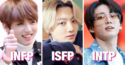 Image: a screen divided into three, showcasing Jungkook of BTS from three different "eras," chronologically, all with three different MBTI types - INFP, ISFP, and INTP